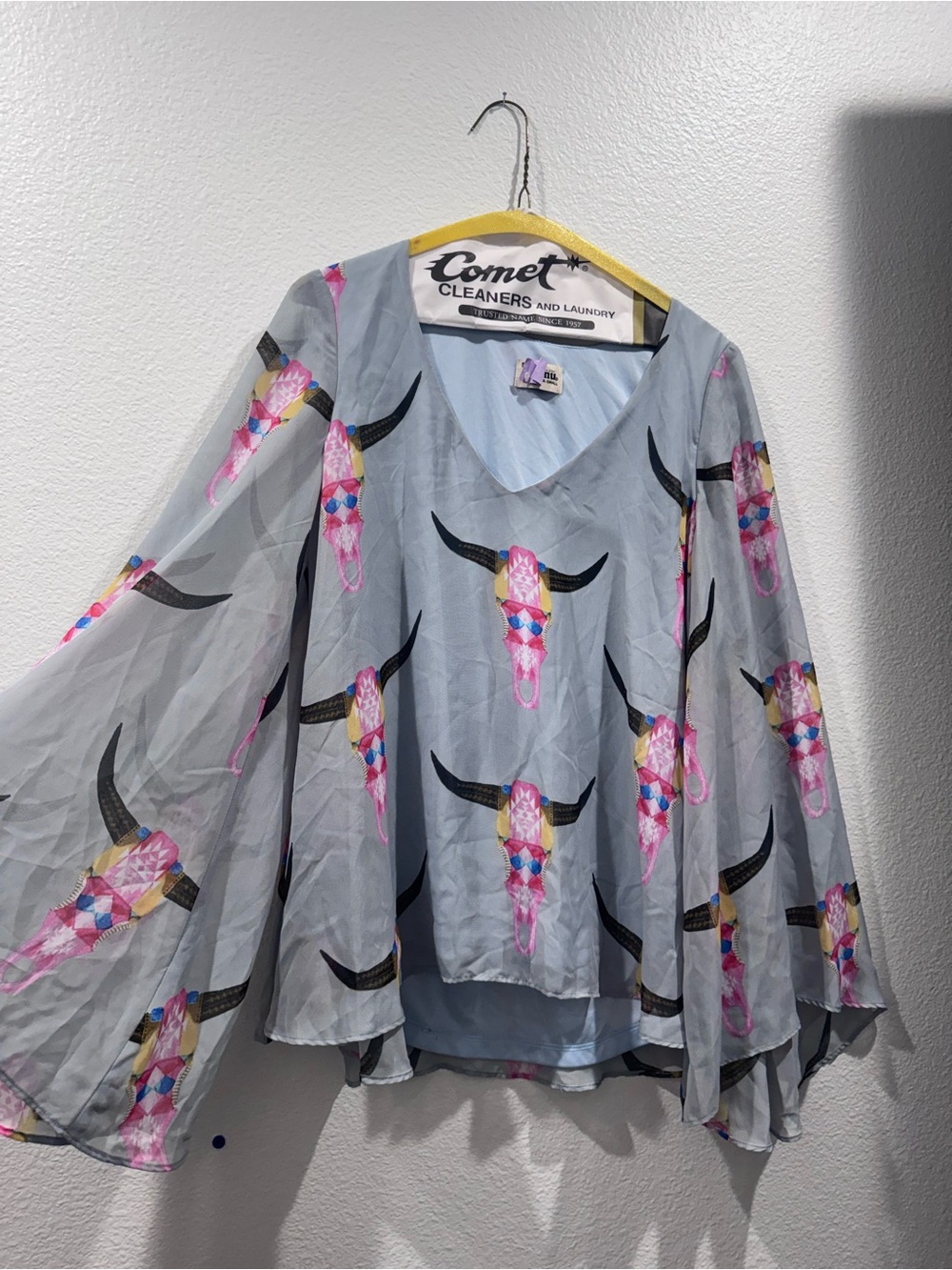 Show Me Your MuMu Sheer Grey Blouse with Pink, Blue and Yellow Bull Skull Print
